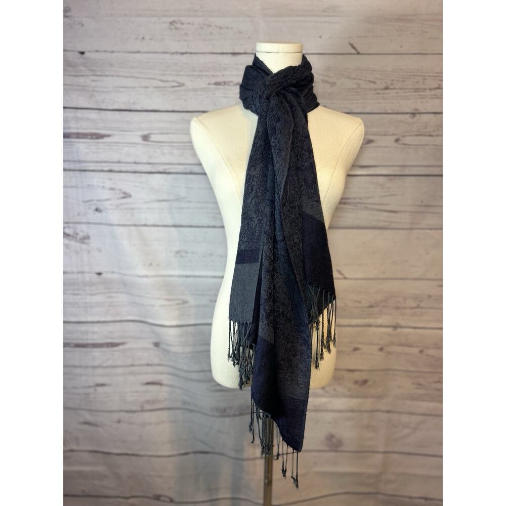Boho Paisley Fringe Shawl Dark Blue Purple Pashmina Silk Blend Scarf